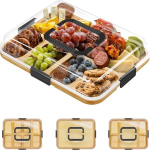 SpaceAid Charcuterie Board with Clear Lid, Portable Travel Cheese Cutting Boards for Picnic Accessories, Bamboo Serving Tray with Lids